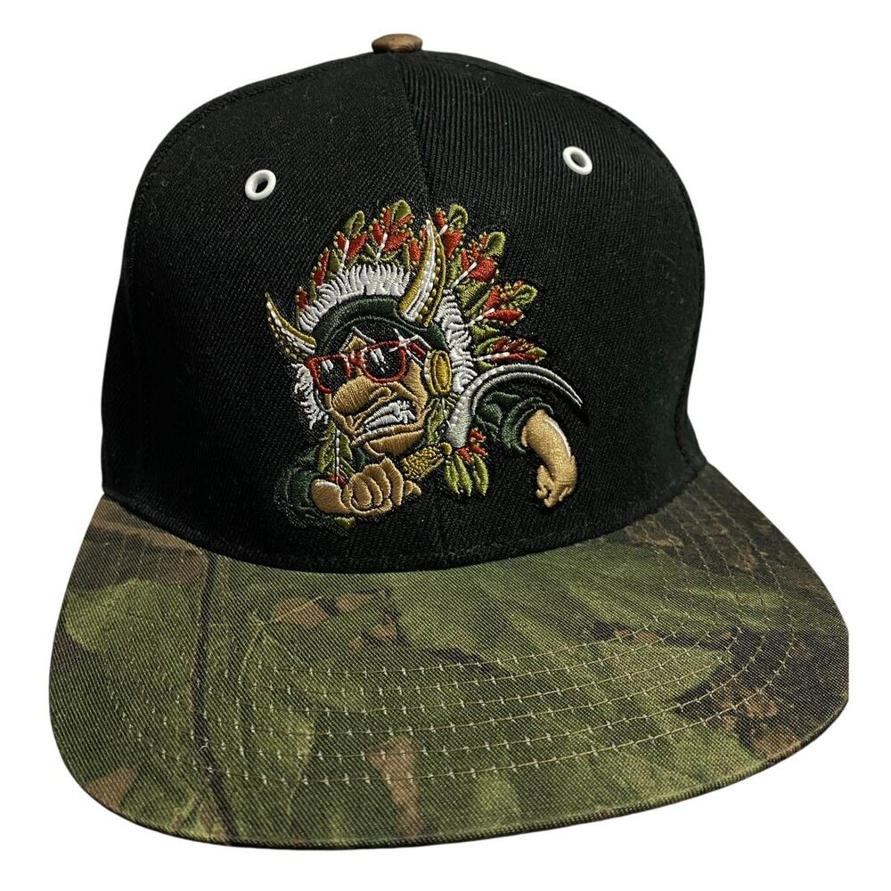 Rook Snapback Hat BlackSkull Embroidery Camo Brim Feather  Leather Strap